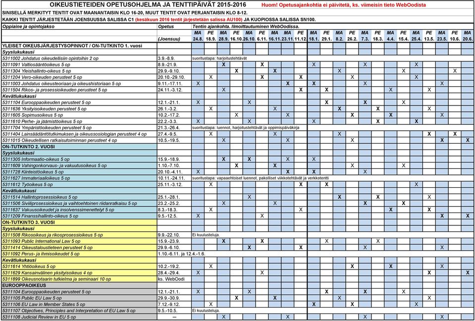 11.-3.12. X X X X X Kevätlukukausi 5311104 Eurooppaoikeuden perusteet 5 op 12.1.-21.1. X X X X X 5311636 Yksityisoikeuden perusteet 5 op 26.1.-3.2. X X X X X 5311605 Sopimusoikeus 5 op 10.2.-17.2. X X X X X 5311610 Perhe- ja jäämistöoikeus 5 op 22.