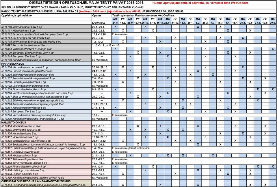 3.-22.3. X X X X 5311215 European Tax Law 5 op X X X X 5311199 Kandidaatin tutkielma ja seminaari, eurooppaoikeus 10 op ks. WebOodi FINANSSIOIKEUS 5311204 Vero-oikeuden perusteet 5 op 20.10.-29.10. X X X X X 5311205 Henkilöverotuksen perusteet 5 op 24.