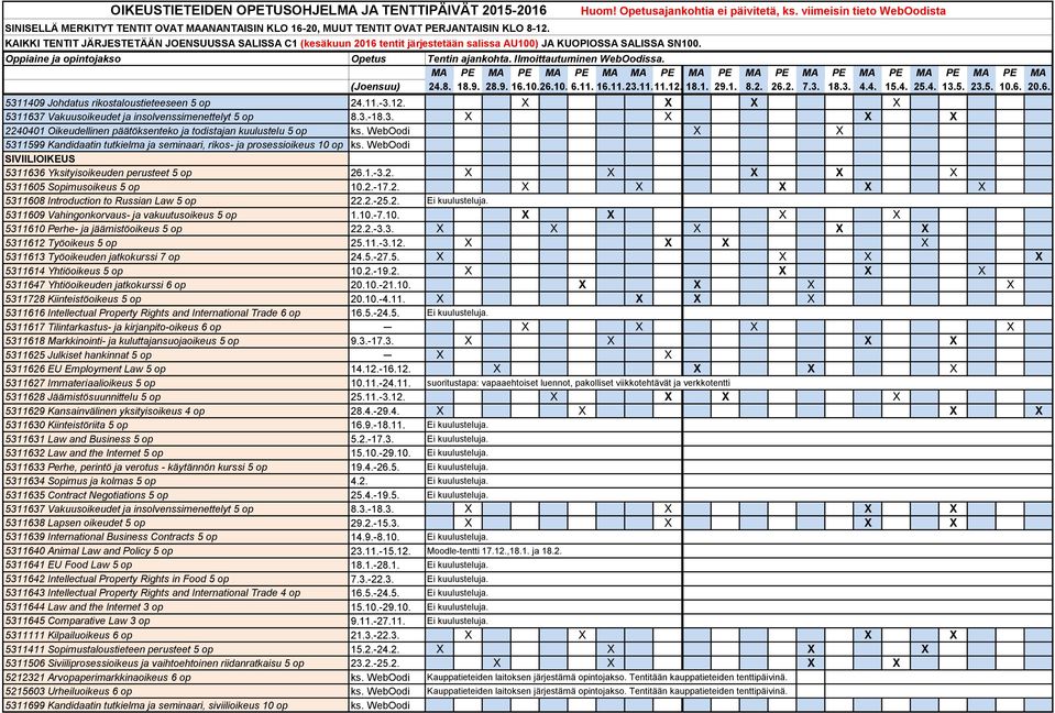 2.-17.2. X X X X X 5311608 Introduction to Russian Law 5 op 22.2.-25.2. Ei kuulusteluja. 5311609 Vahingonkorvaus- ja vakuutusoikeus 5 op 1.10.-7.10. X X X X 5311610 Perhe- ja jäämistöoikeus 5 op 22.2.-3.