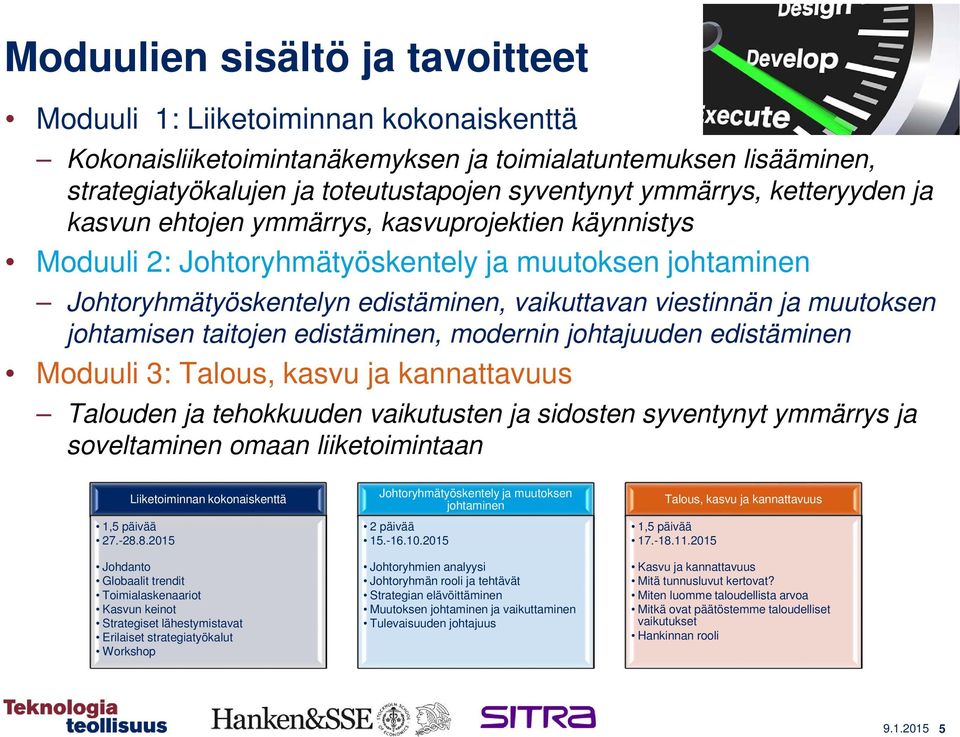 johtamisen taitojen edistäminen, modernin johtajuuden edistäminen Moduuli 3: Talous, kasvu ja kannattavuus Talouden ja tehokkuuden vaikutusten ja sidosten syventynyt ymmärrys ja soveltaminen omaan