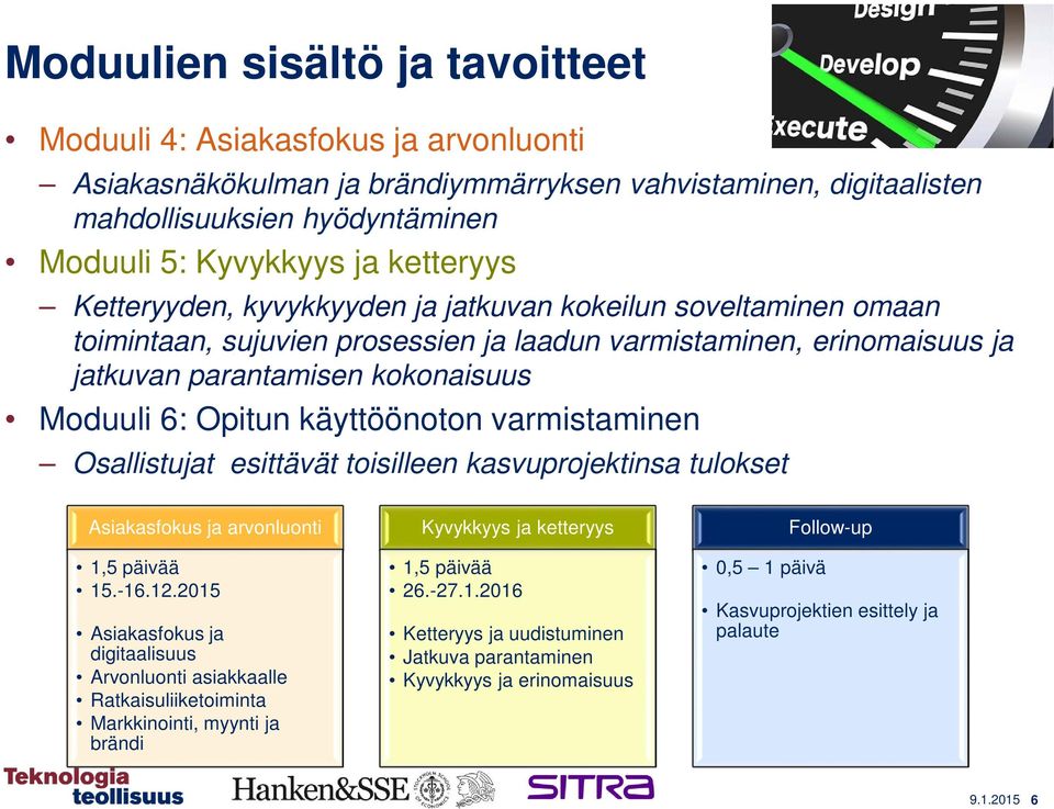 kasvuprojektien hienosäätö Moduuli 6: Opitun käyttöönoton varmistaminen Osallistujat esittävät toisilleen kasvuprojektinsa tulokset Asiakasfokus ja arvonluonti 15.-16.12.