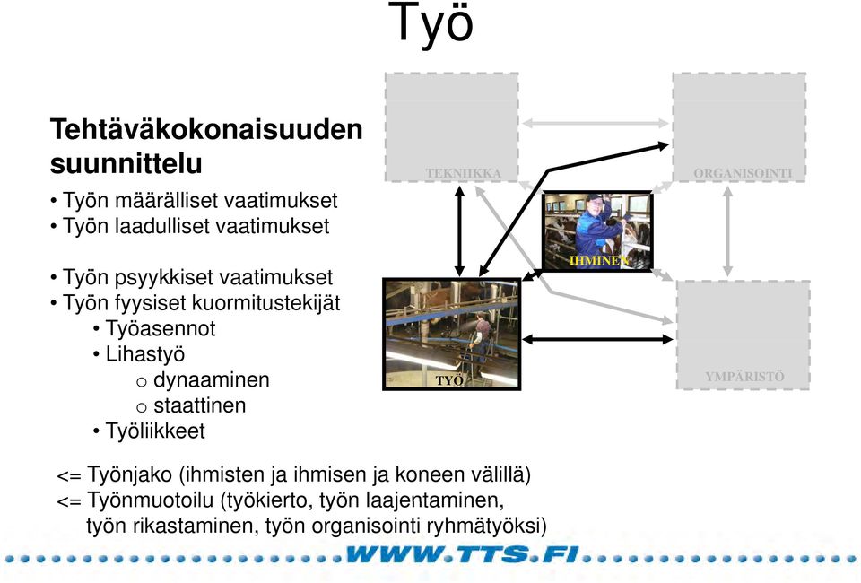 o dynaaminen o staattinen Työliikkeet TYÖ IHMINEN YMPÄRISTÖ <= Työnjako (ihmisten ja ihmisen ja