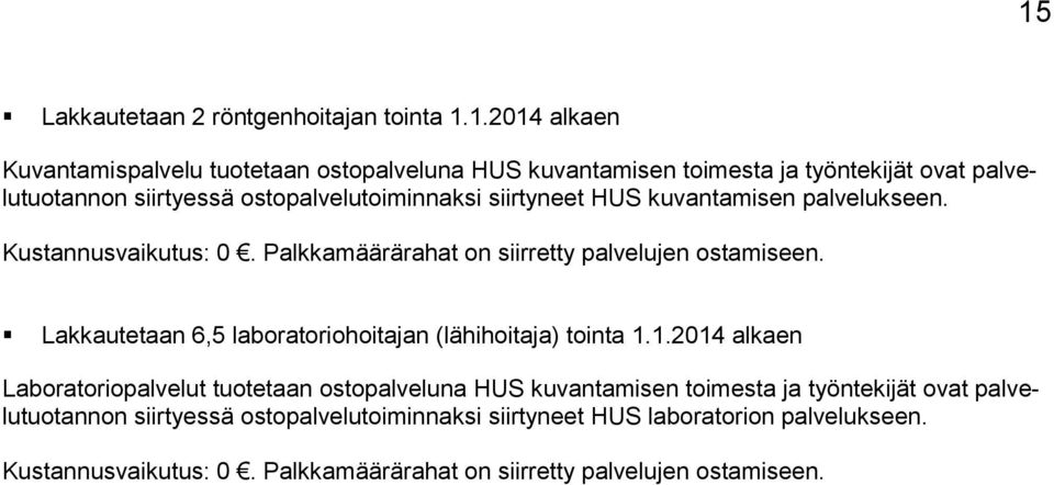 Palkkamäärärahat on siirretty palvelujen ostamiseen. Lakkautetaan 6,5 laboratoriohoitajan (lähihoitaja) tointa 1.