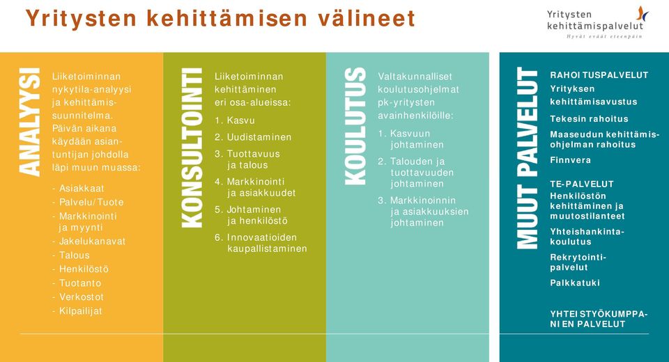 1. Kasvu 2. Uudistaminen 3. Tuottavuus ja talous 4. Markkinointi ja asiakkuudet 5. Johtaminen ja henkilöstö 6.