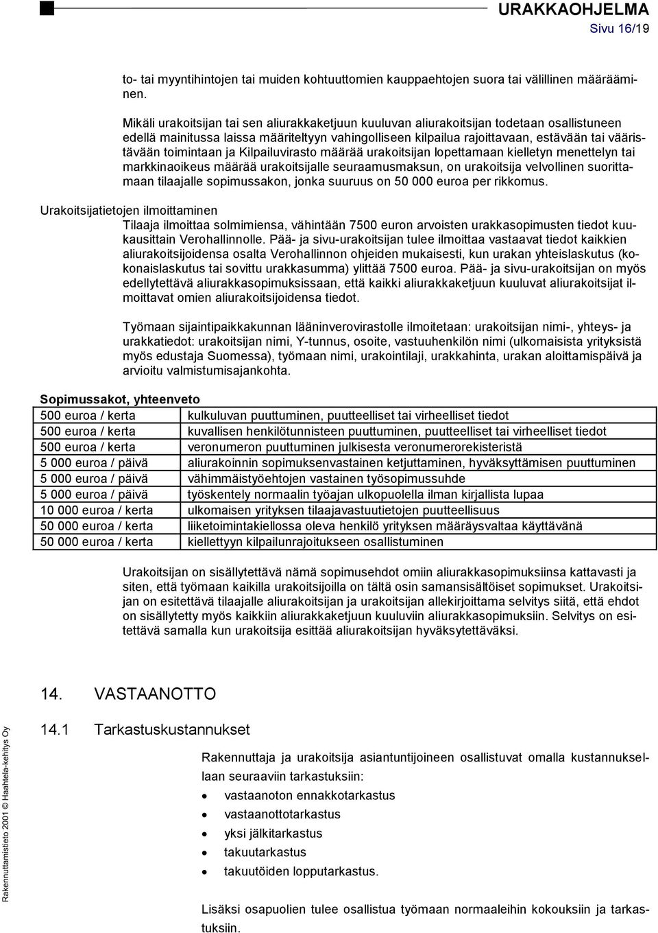 toimintaan ja Kilpailuvirasto määrää urakoitsijan lopettamaan kielletyn menettelyn tai markkinaoikeus määrää urakoitsijalle seuraamusmaksun, on urakoitsija velvollinen suorittamaan tilaajalle