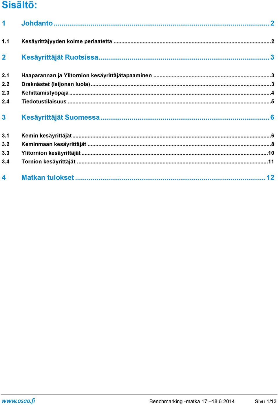 .. 4 2.4 Tiedtustilaisuus... 5 3 Kesäyrittäjät Sumessa... 6 3.1 Kemin kesäyrittäjät... 6 3.2 Keminmaan kesäyrittäjät.