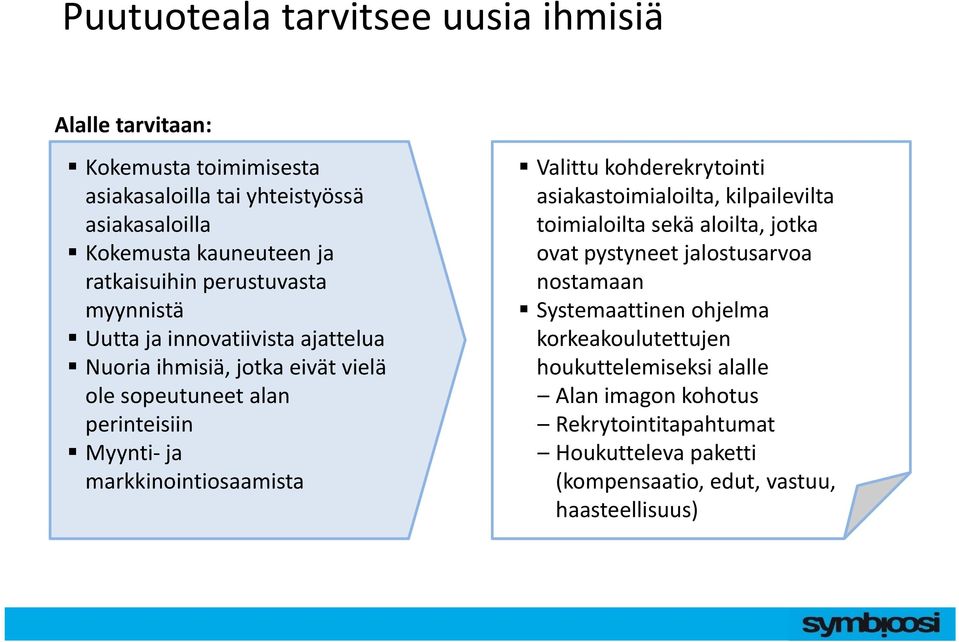 markkinointiosaamista Valittu kohderekrytointi asiakastoimialoilta, kilpailevilta toimialoilta sekä aloilta, jotka ovat pystyneet jalostusarvoa nostamaan