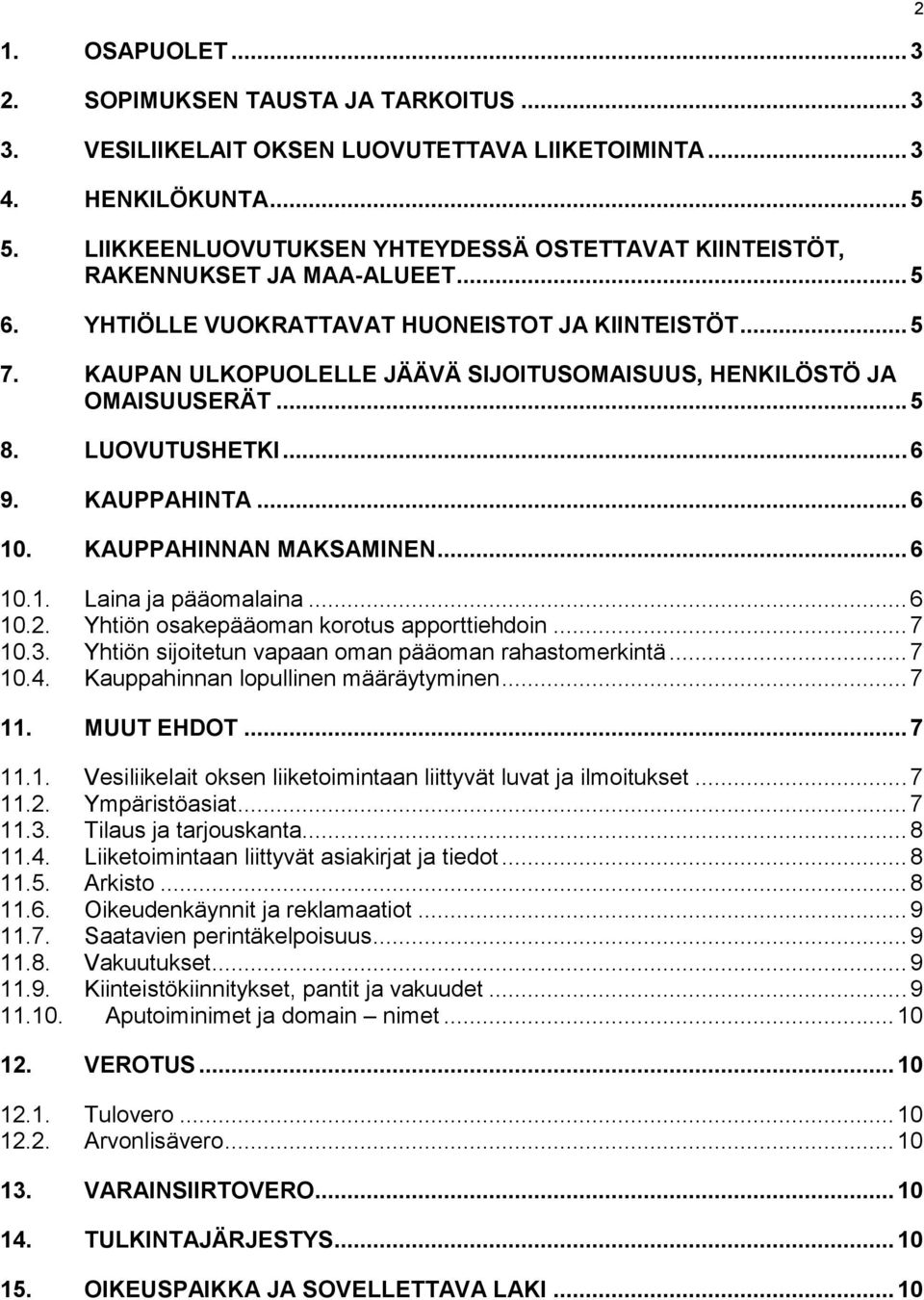 KAUPAN ULKOPUOLELLE JÄÄVÄ SIJOITUSOMAISUUS, HENKILÖSTÖ JA OMAISUUSERÄT... 5 8. LUOVUTUSHETKI... 6 9. KAUPPAHINTA... 6 10. KAUPPAHINNAN MAKSAMINEN... 6 10.1. Laina ja pääomalaina... 6 10.2.