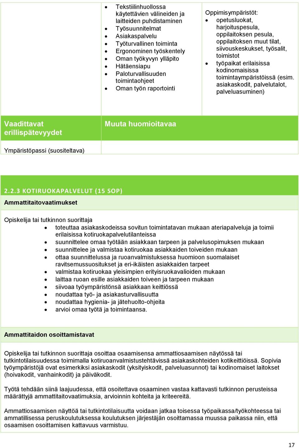 työpaikat erilaisissa kodinomaisissa toimintaympäristöissä (esim. asiakaskodit, palvelutalot, palveluasuminen) Vaadittavat erillispätevyydet Muuta huomioitavaa Ympäristöpassi (suositeltava) 2.