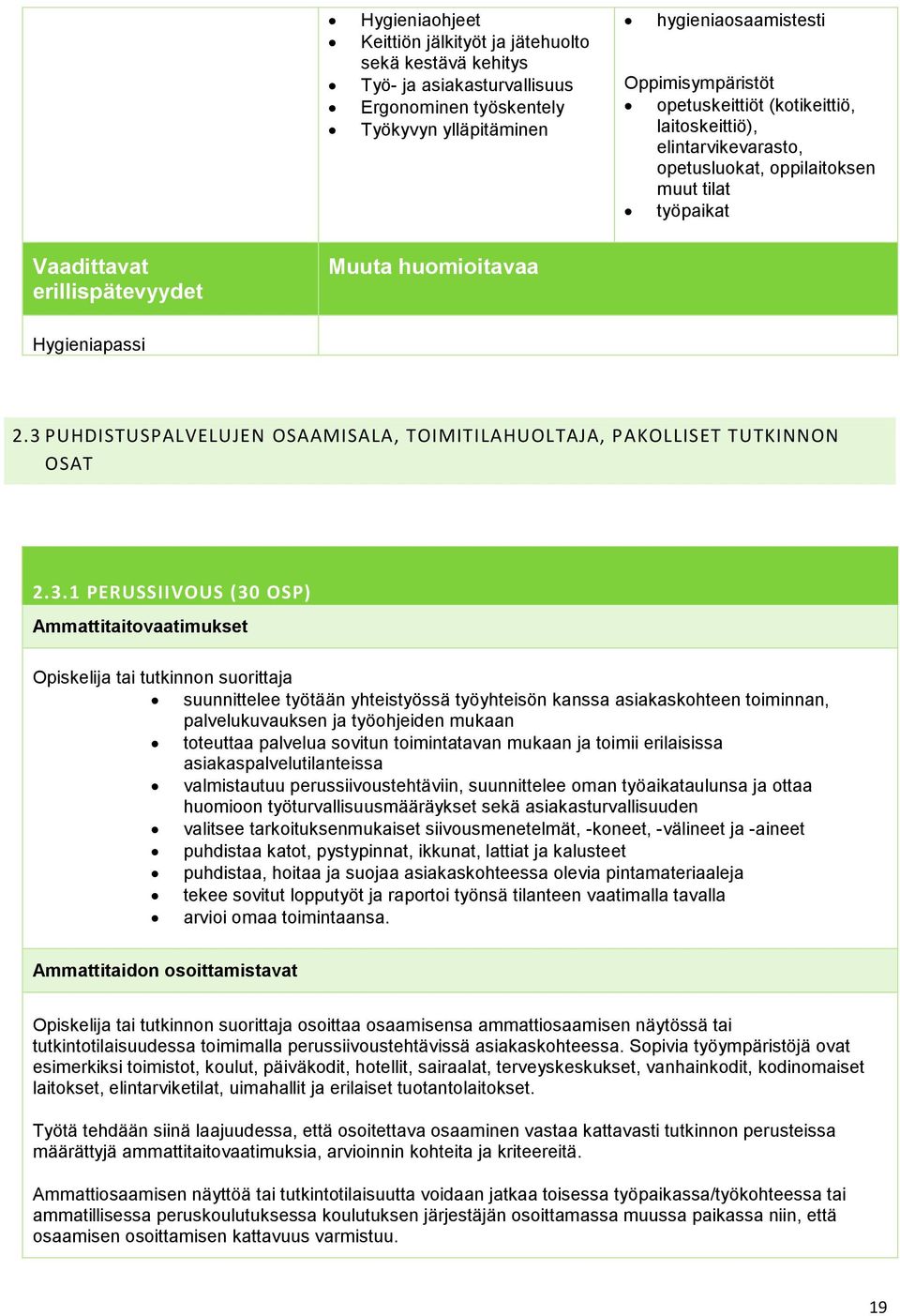 3 PUHDISTUSPALVELUJEN OSAAMISALA, TOIMITILAHUOLTAJA, PAKOLLISET TUTKINNON OSAT 2.3.1 PERUSSIIVOUS (30 OSP) Ammattitaitovaatimukset Opiskelija tai tutkinnon suorittaja suunnittelee työtään