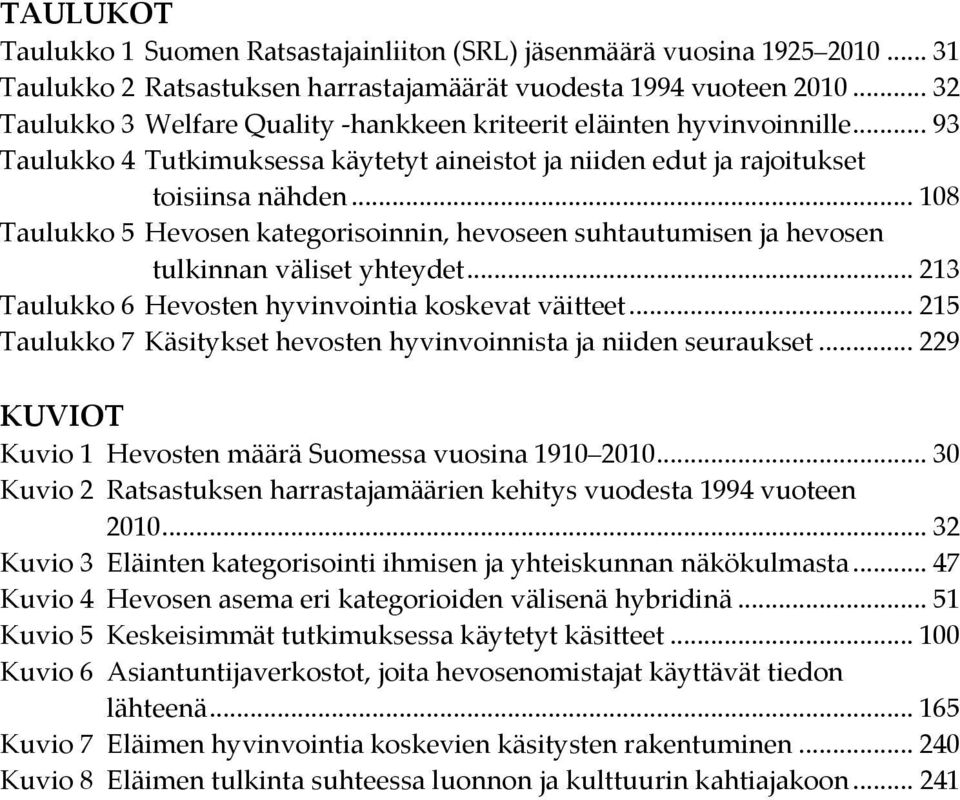 .. 108 Taulukko 5 Hevosen kategorisoinnin, hevoseen suhtautumisen ja hevosen tulkinnan väliset yhteydet... 213 Taulukko 6 Hevosten hyvinvointia koskevat väitteet.