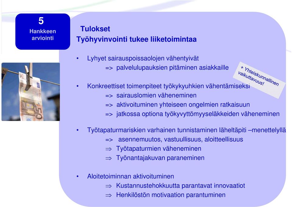 työkyvyttömyyseläkkeiden väheneminen Työtapaturmariskien varhainen tunnistaminen läheltäpiti menettelyllä => asennemuutos, vastuullisuus, aloitteellisuus