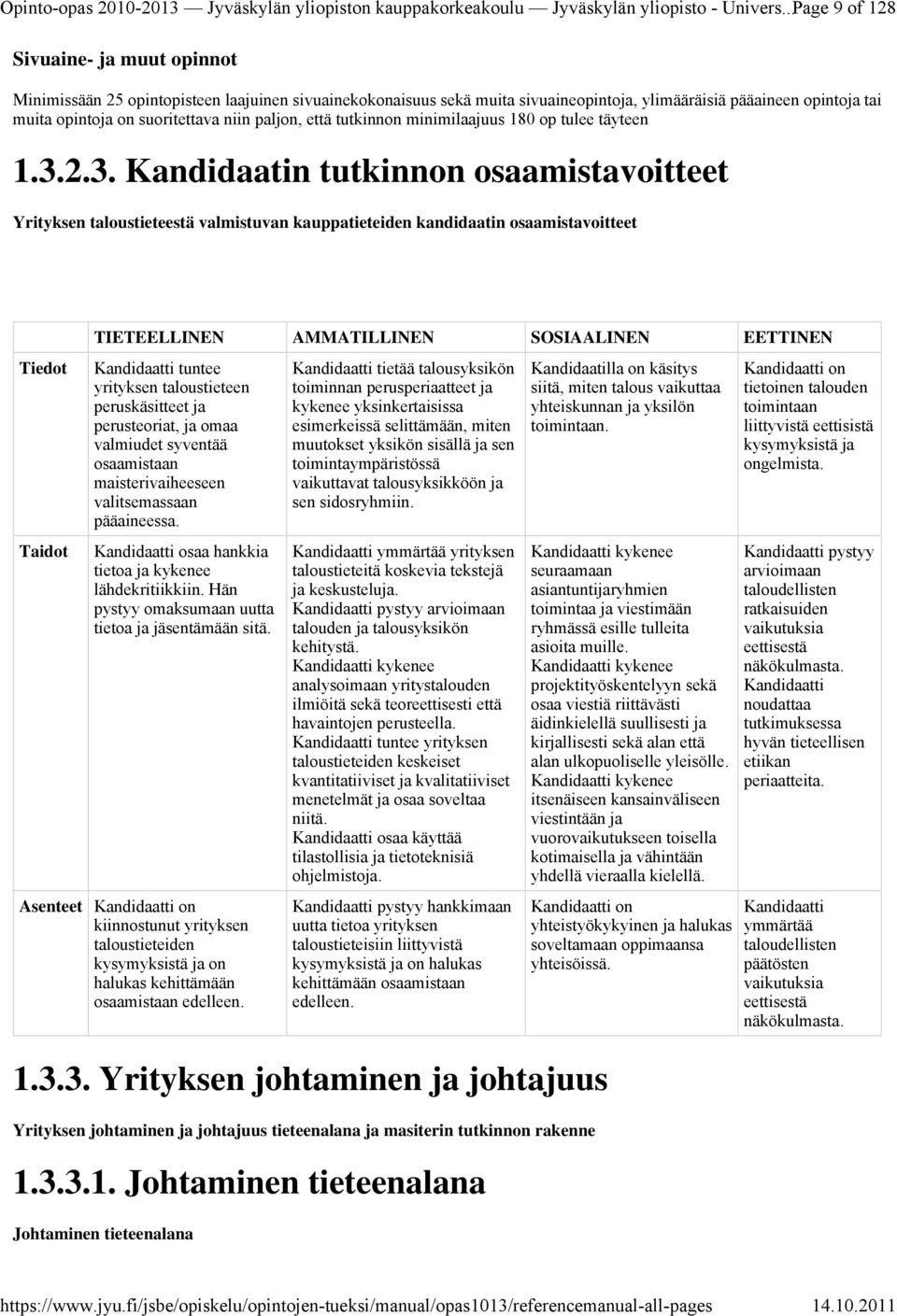 ylimääräisiä pääaineen opintoja tai muita opintoja on suoritettava niin paljon, että tutkinnon minimilaajuus 180 op tulee täyteen 1.3.