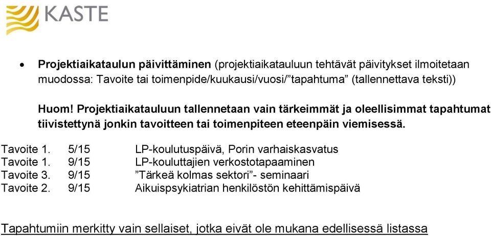 Projektiaikatauluun tallennetaan vain tärkeimmät ja oleellisimmat tapahtumat tiivistettynä jonkin tavoitteen tai toimenpiteen eteenpäin viemisessä.