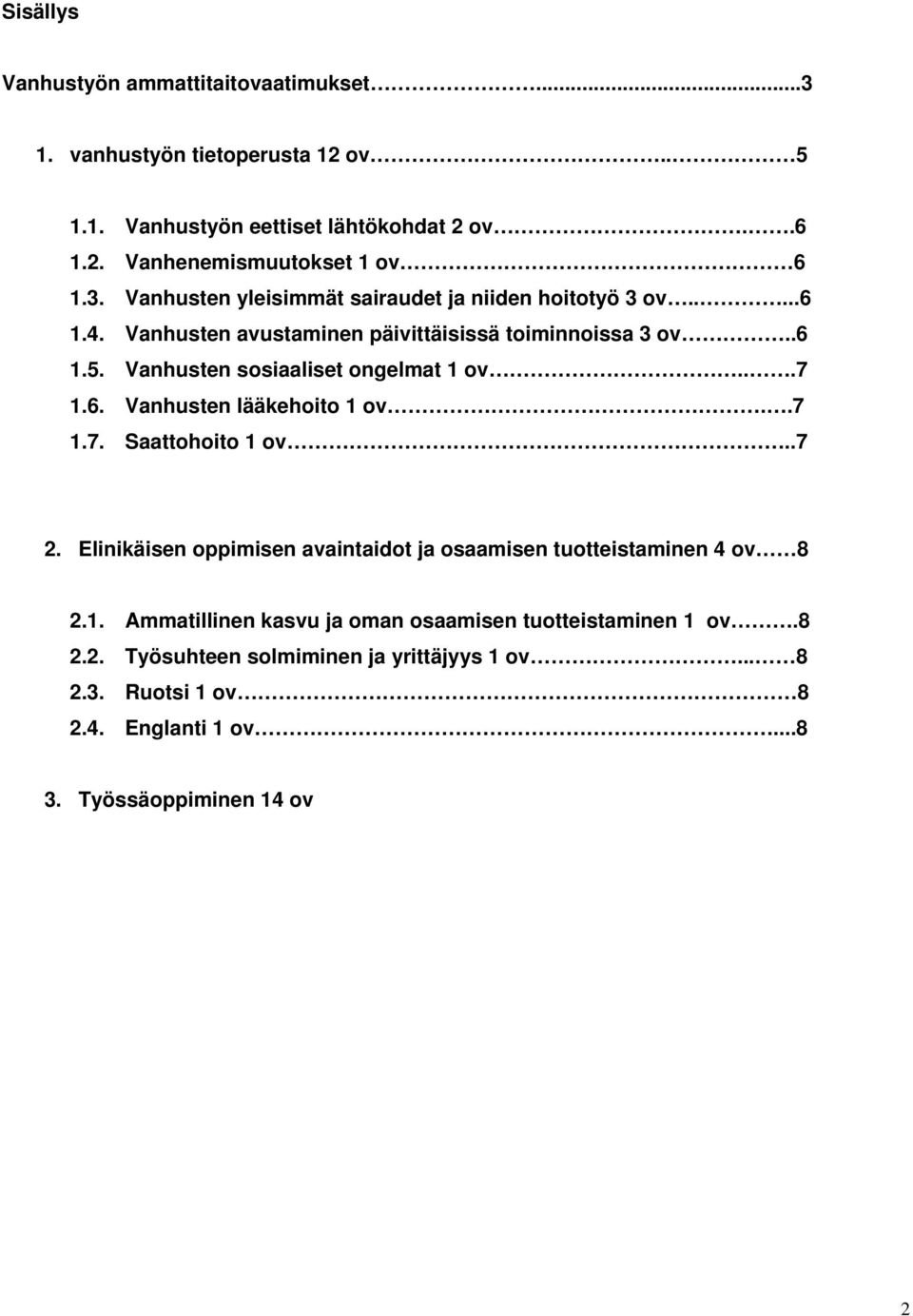 Vanhusten sosiaaliset ongelmat 1 ov...7 1.6. Vanhusten lääkehoito 1 ov..7 1.7. Saattohoito 1 ov..7 2.