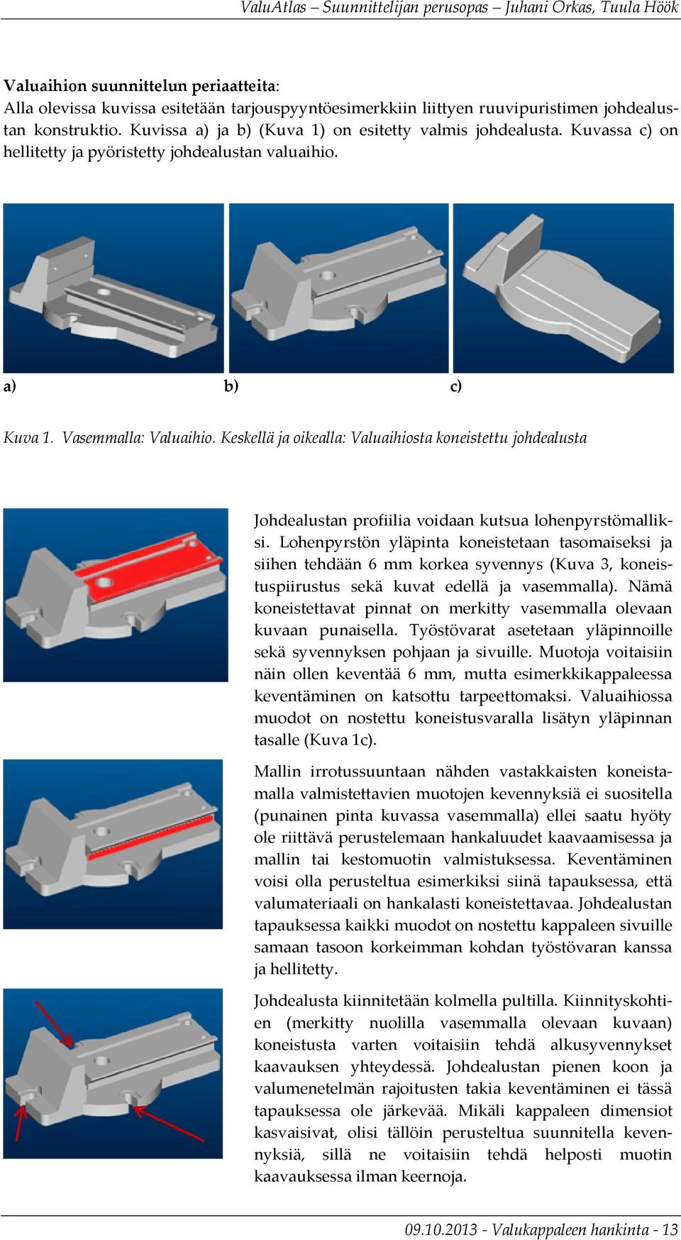 Keskellä ja oikealla: Valuaihiosta koneistettu johdealusta Johdealustan profiilia voidaan kutsua lohenpyrstömalliksi.