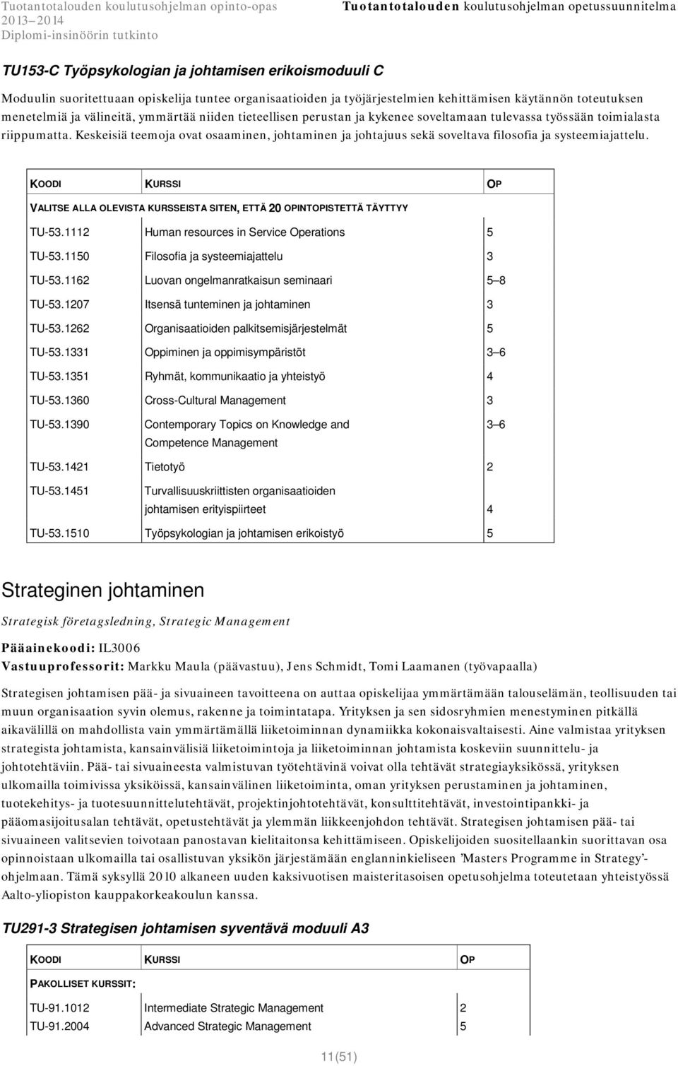 Keskeisiä teemoja ovat osaaminen, johtaminen ja johtajuus sekä soveltava filosofia ja systeemiajattelu. KOODI KURSSI OP VALITSE ALLA OLEVISTA KURSSEISTA SITEN, ETTÄ 20 OPINTOPISTETTÄ TÄYTTYY TU-53.