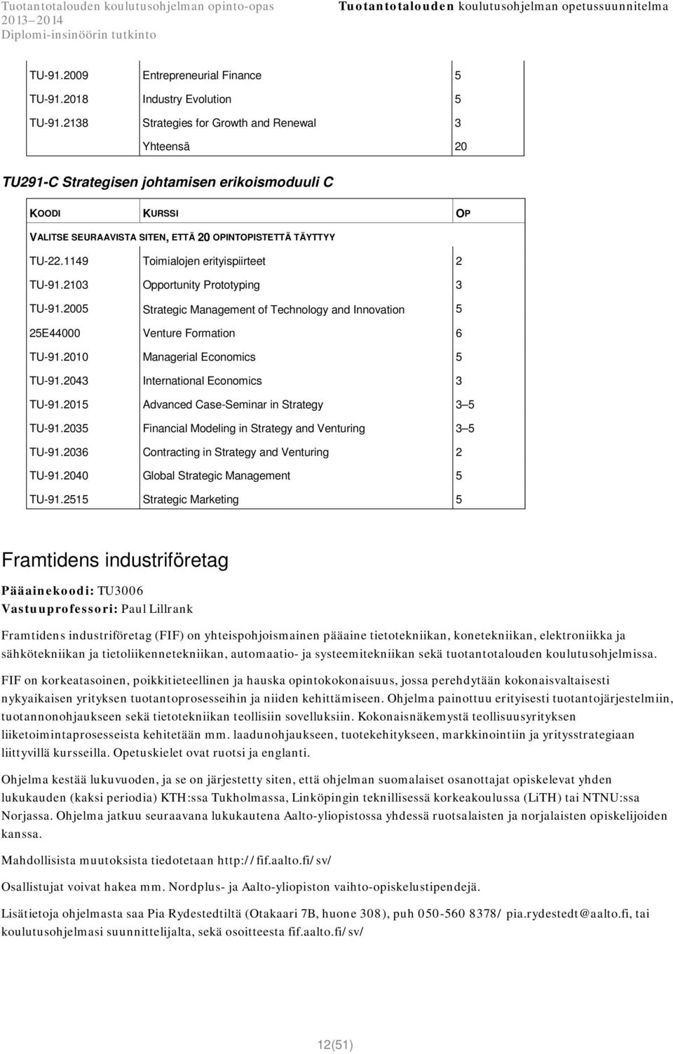 1149 Toimialojen erityispiirteet 2 TU-91.2103 Opportunity Prototyping 3 TU-91.2005 Strategic Management of Technology and Innovation 5 25E44000 Venture Formation 6 TU-91.