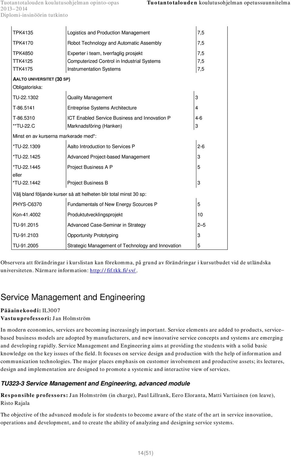 C ICT Enabled Service Business and Innovation P Marknadsföring (Hanken) 4-6 3 Minst en av kurserna markerade med*: *TU-22.1309 Aalto Introduction to Services P 2-6 *TU-22.