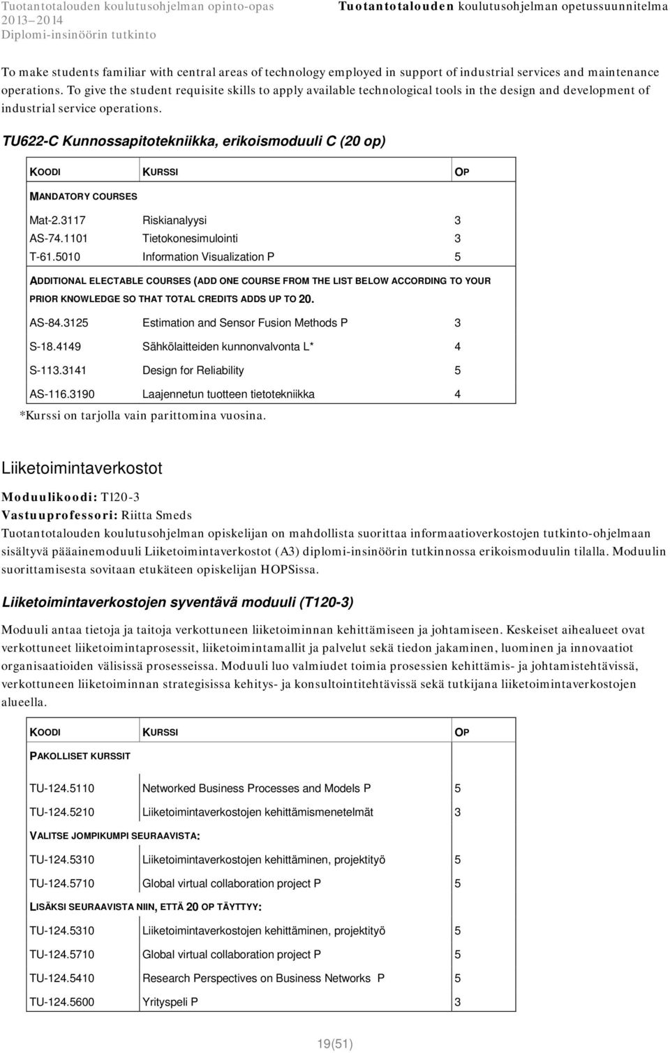 TU622-C Kunnossapitotekniikka, erikoismoduuli C (20 op) KOODI KURSSI OP MANDATORY COURSES Mat-2.3117 AS-74.1101 T-61.