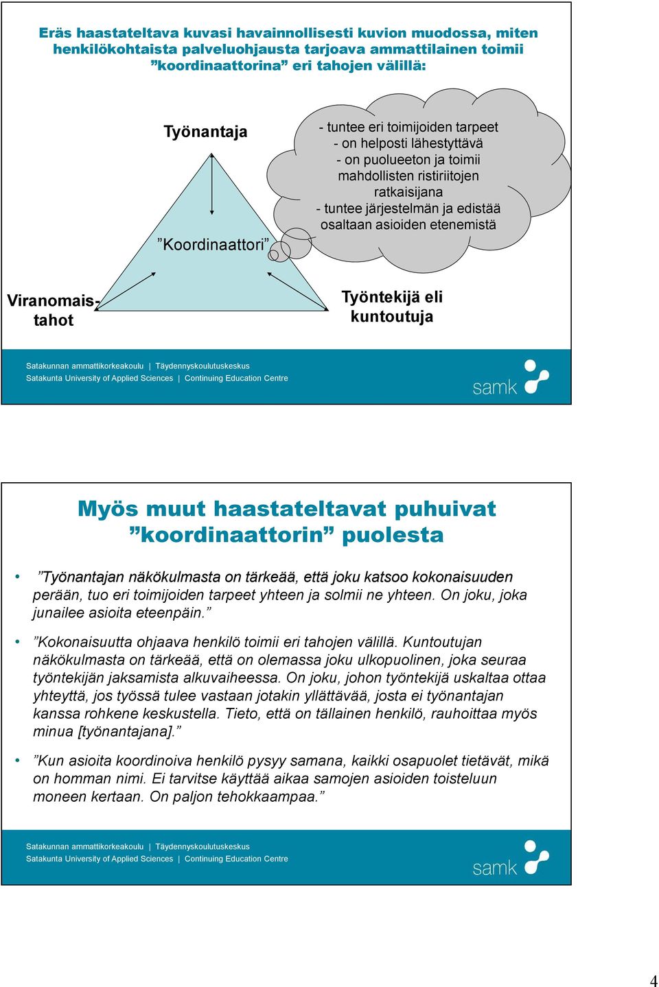 Viranomaistahot Työntekijä eli kuntoutuja Myös muut haastateltavat puhuivat koordinaattorin puolesta Työnantajan näkökulmasta on tärkeää, että joku katsoo kokonaisuuden perään, tuo eri toimijoiden