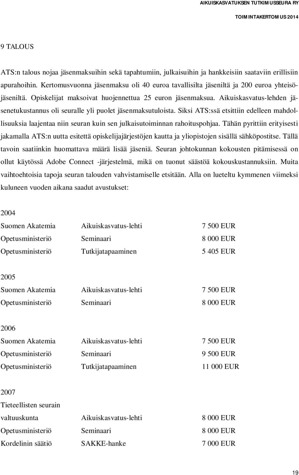 Aikuiskasvatus-lehden jäsenetukustannus oli seuralle yli puolet jäsenmaksutuloista. Siksi ATS:ssä etsittiin edelleen mahdollisuuksia laajentaa niin seuran kuin sen julkaisutoiminnan rahoituspohjaa.