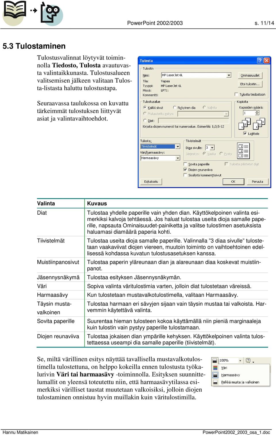 Valinta Diat Tiivistelmät Muistiinpanosivut Jäsennysnäkymä Väri Harmaasävy Täysin mustavalkoinen Sovita paperille Diojen reunaviiva Kuvaus Tulostaa yhdelle paperille vain yhden dian.