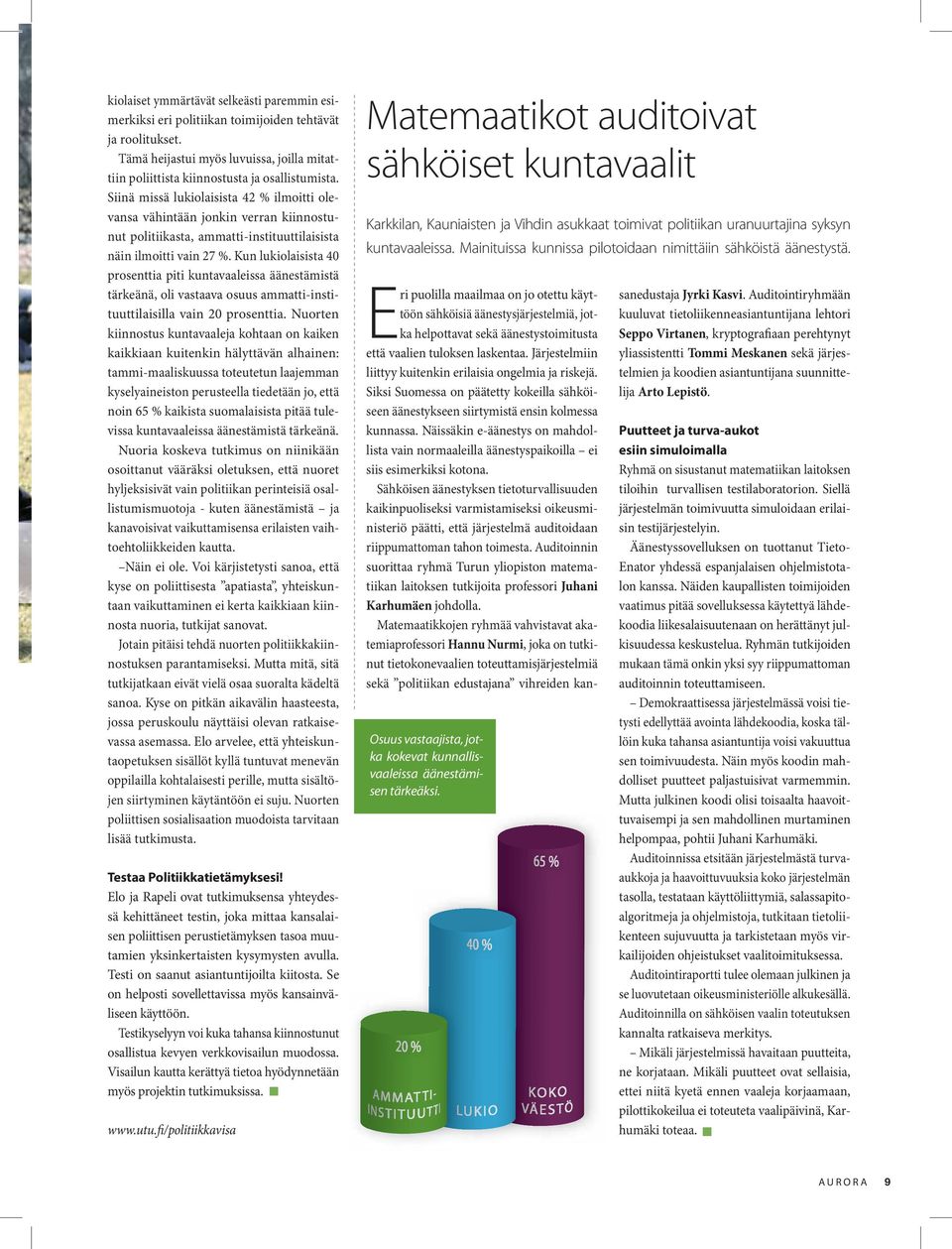 Kun lukiolaisista 40 prosenttia piti kuntavaaleissa äänestämistä tärkeänä, oli vastaava osuus ammatti-instituuttilaisilla vain 20 prosenttia.