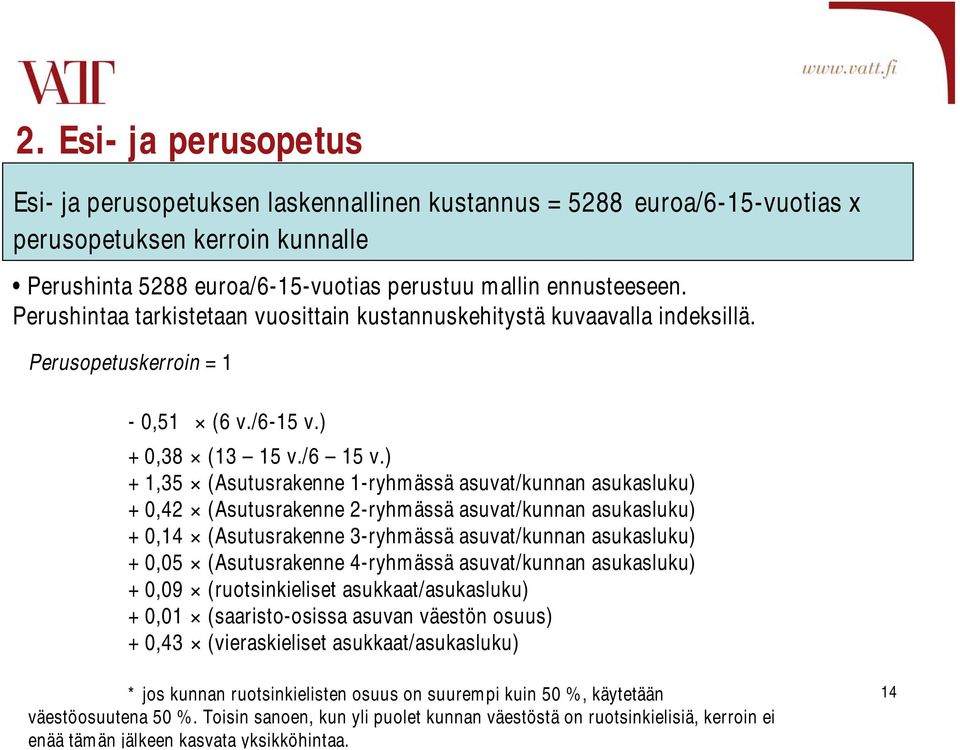 ) + 1,35 (Asutusrakenne 1-ryhmässä asuvat/kunnan asukasluku) + 0,42 (Asutusrakenne 2-ryhmässä asuvat/kunnan asukasluku) + 0,14 (Asutusrakenne 3-ryhmässä asuvat/kunnan asukasluku) + 0,05