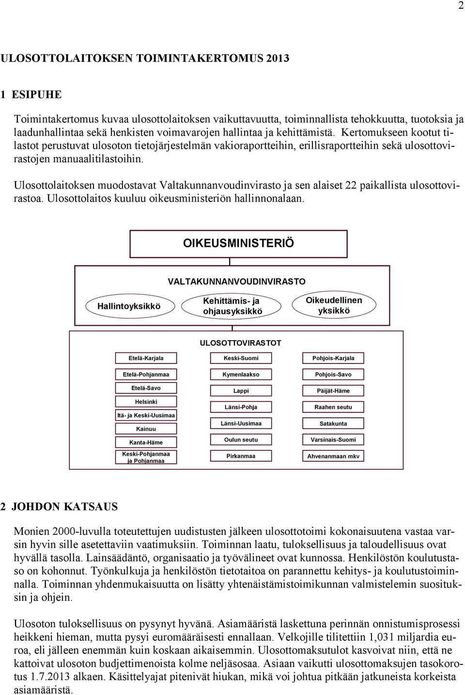 Ulosottolaitoksen muodostavat Valtakunnanvoudinvirasto ja sen alaiset 22 paikallista ulosottovirastoa. Ulosottolaitos kuuluu oikeusministeriön hallinnonalaan.