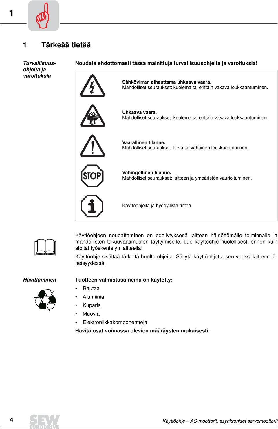 Mahdolliset seuraukset: lievä tai vähäinen loukkaantuminen. Vahingollinen tilanne. Mahdolliset seuraukset: laitteen ja ympäristön vaurioituminen. Käyttöohjeita ja hyödyllistä tietoa.