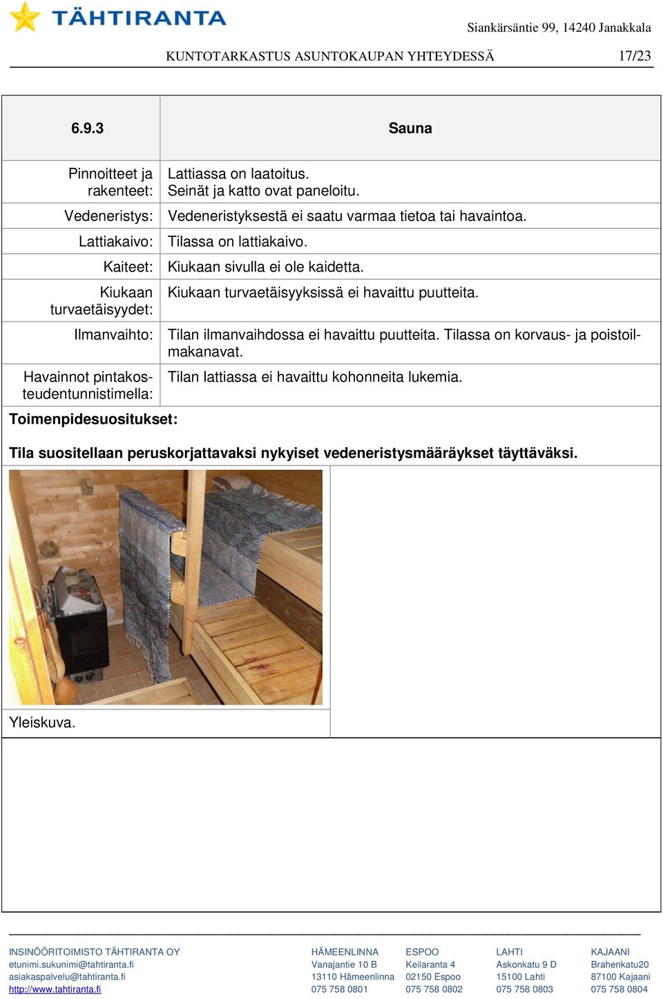 Kiukaan turvaetäisyydet: Kaiteet: Kiukaan sivulla ei ole kaidetta. Kiukaan turvaetäisyyksissä ei havaittu puutteita.