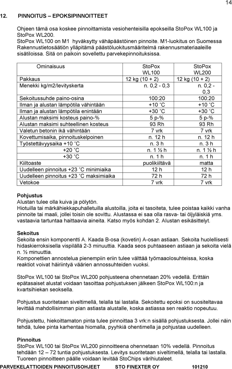 Ominaisuus StoPox WL100 StoPox WL200 Pakkaus 12 kg (10 + 2) 12 kg (10 + 2) Menekki kg/m2/levityskerta n. 0,2-0,3 n.