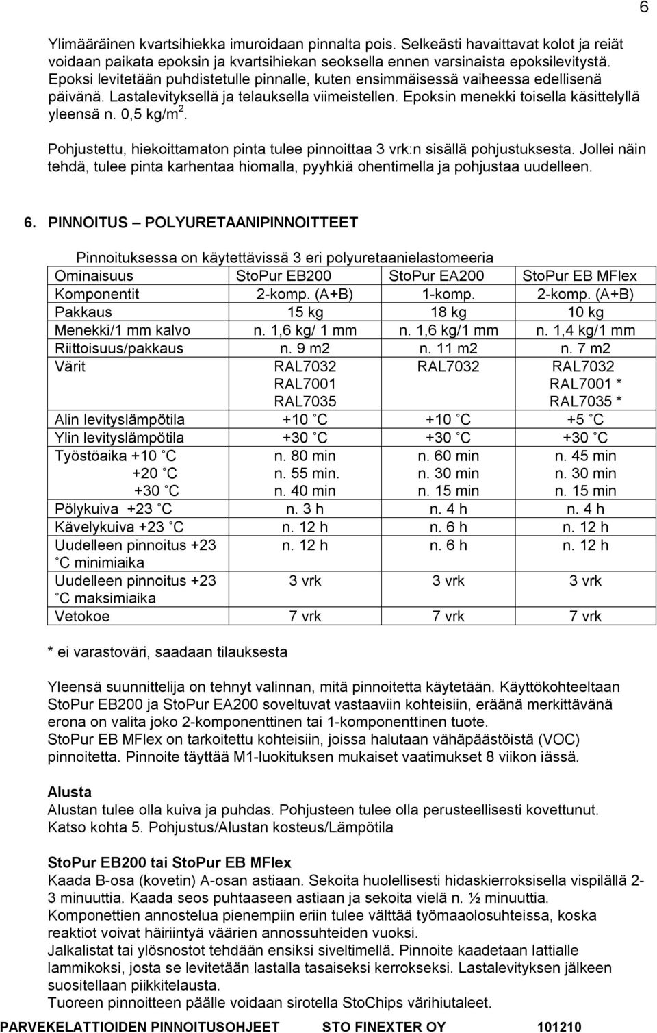 Pohjustettu, hiekoittamaton pinta tulee pinnoittaa 3 vrk:n sisällä pohjustuksesta. Jollei näin tehdä, tulee pinta karhentaa hiomalla, pyyhkiä ohentimella ja pohjustaa uudelleen. 6 6.