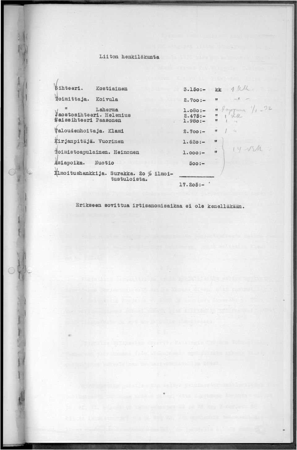 Klami 2.700:- " / irjanpitäjä. Vuorinen 1.620:- 1f oimistoapulainen. Heinonen 1.