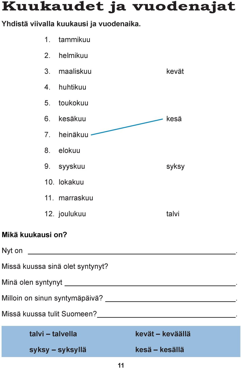 lokakuu 11. marraskuu 12. joulukuu talvi Mikä kuukausi on? Nyt on. Missä kuussa sinä olet syntynyt?