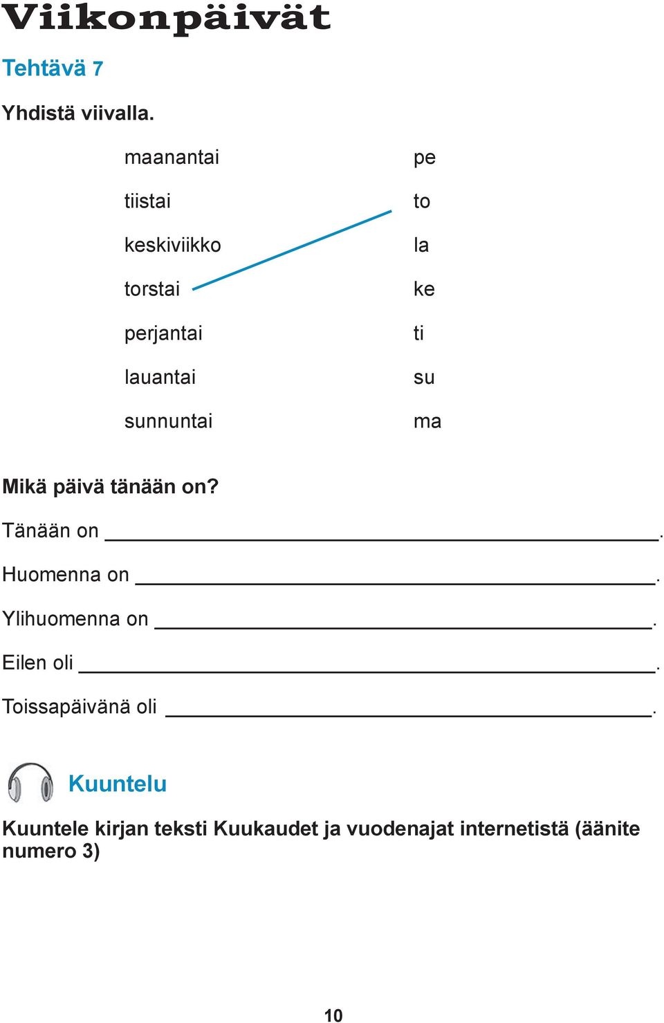ke ti su ma Mikä päivä tänään on? Tänään on. Huomenna on. Ylihuomenna on.