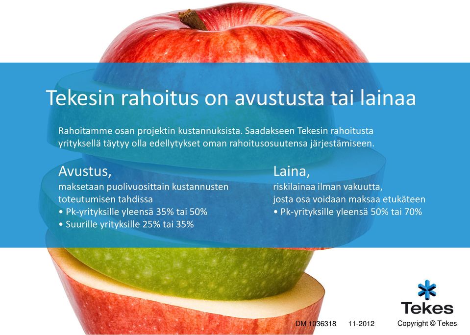 Avustus, maksetaan puolivuosittain kustannusten toteutumisen tahdissa Pk-yrityksille yleensä 35% tai 50% Suurille