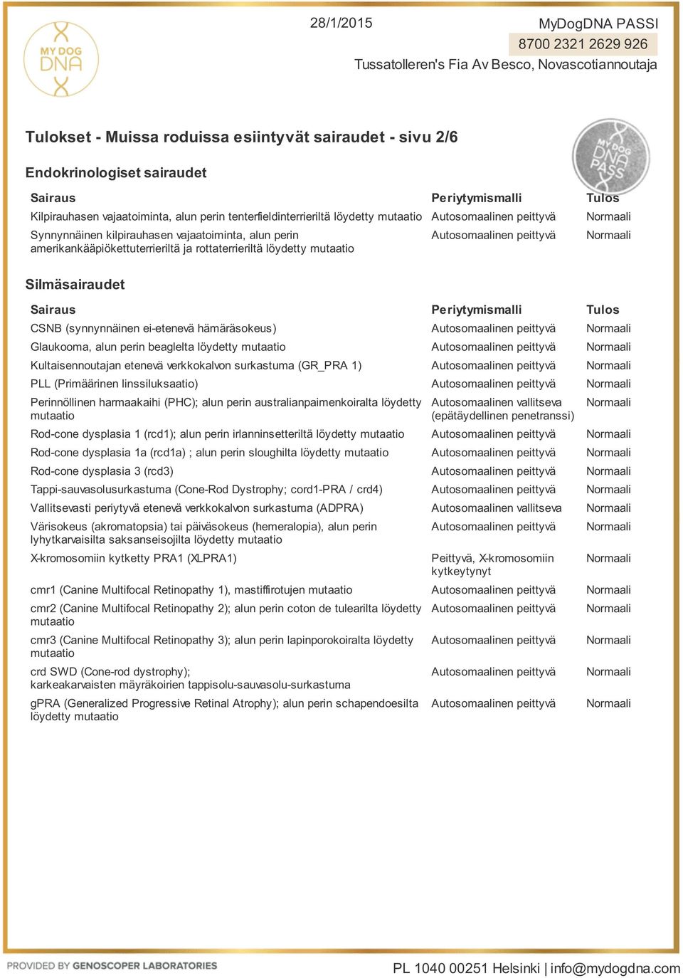 Kultaisennoutajan etenevä verkkokalvon surkastuma (GR_PRA 1) PLL (Primäärinen linssiluksaatio) Perinnöllinen harmaakaihi (PHC); alun perin australianpaimenkoiralta löydetty Autosomaalinen vallitseva