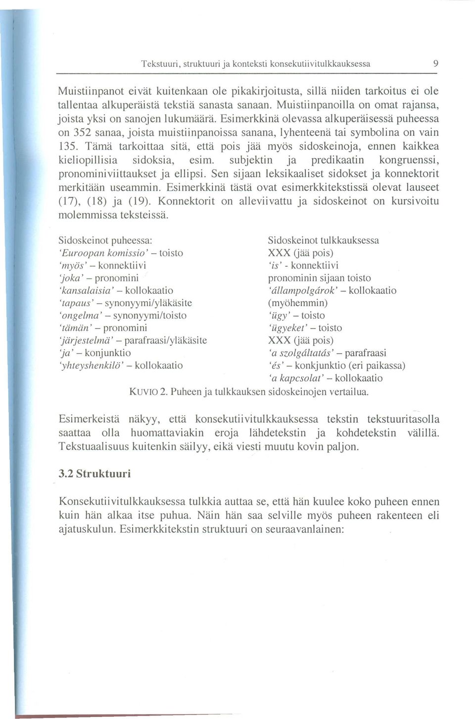 Tama tarkoittaa sita, etta pois jaa myös sidoskeinoja, ennen kaikkea kieliopillisia sidoksia, esim. subjektin ja predikaatin kongruenssi, pronominiviittaukset ja ellipsi.