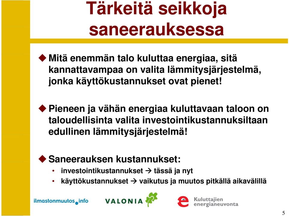 Pieneen ja vähän energiaa kuluttavaan taloon on taloudellisinta valita investointikustannuksiltaan