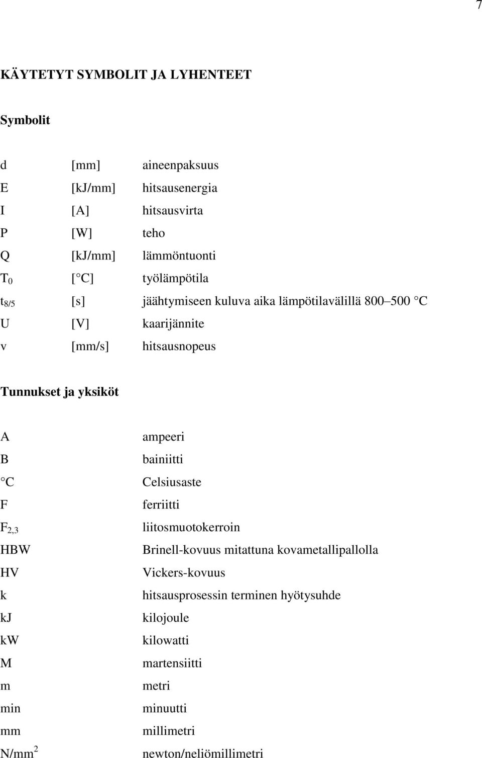 yksiköt A ampeeri B bainiitti C Celsiusaste F ferriitti F 2,3 HBW HV k kj kw M m min mm N/mm 2 liitosmuotokerroin Brinell-kovuus mitattuna