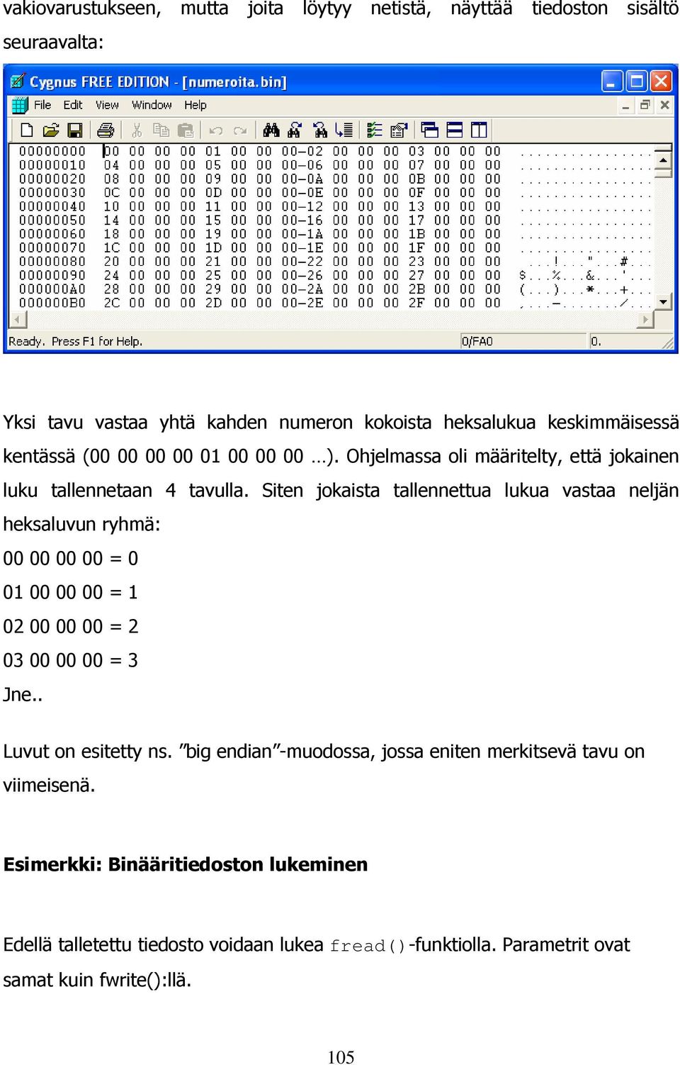 Siten jokaista tallennettua lukua vastaa neljän heksaluvun ryhmä: 00 00 00 00 = 0 01 00 00 00 = 1 02 00 00 00 = 2 03 00 00 00 = 3 Jne.. Luvut on esitetty ns.