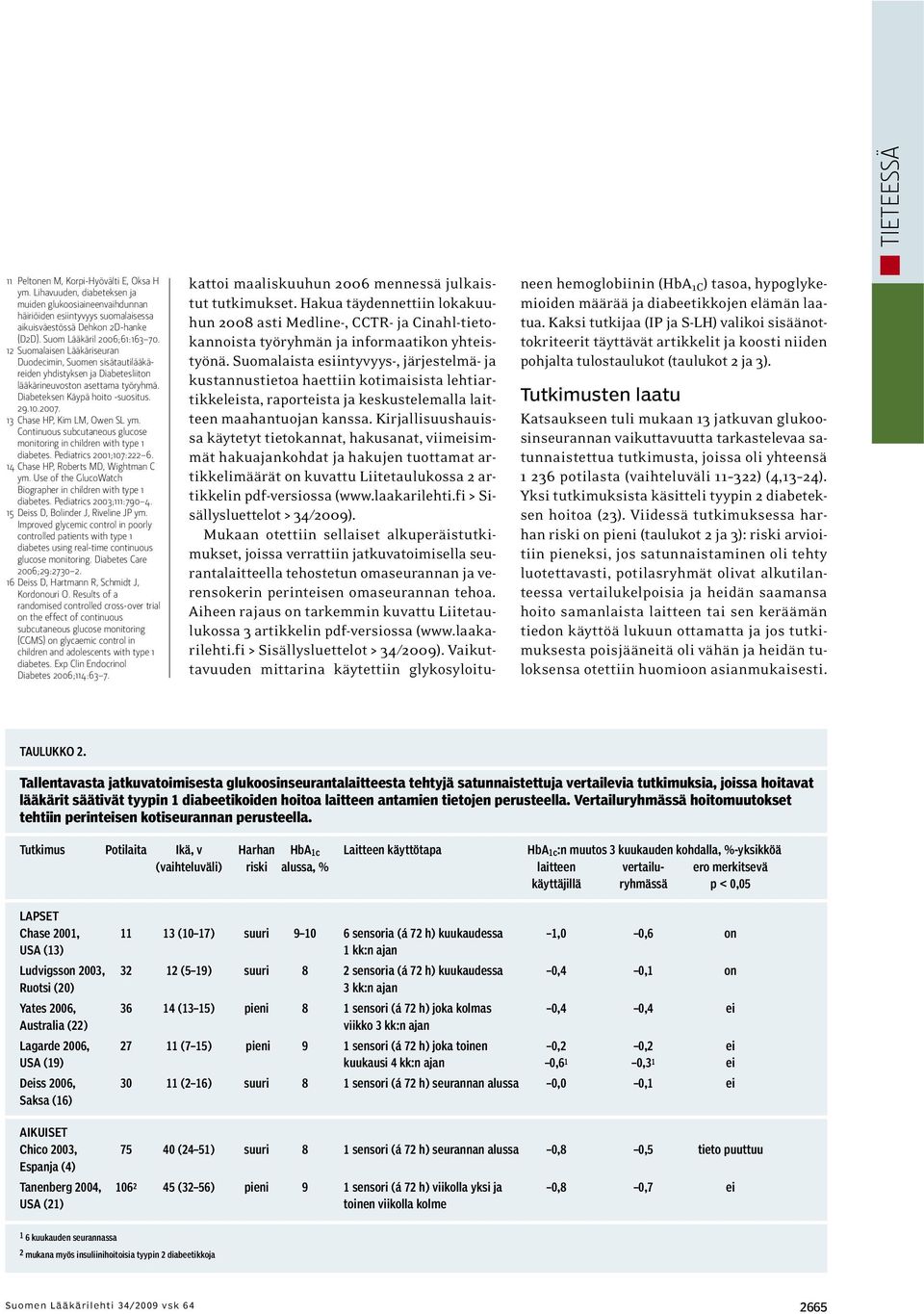 29.10.2007. 13 Chase HP, Kim LM, Owen SL ym. Continuous subcutaneous glucose monitoring in children with type 1 diabetes. Pediatrics 2001;107:222 6. 14 Chase HP, Roberts MD, Wightman C ym.