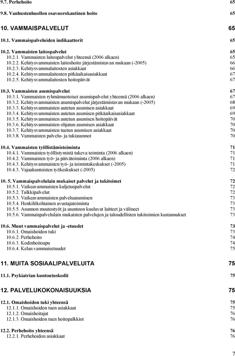 3. Vammaisten asumispalvelut 67 10.3.1. Vammaisten ryhmämuotoiset asumispalvelut yhteensä (2006 alkaen) 67 10.3.2. Kehitysvammaisten asumispalvelut järjestämistavan mukaan (-2005) 68 10.3.3. Kehitysvammaisten autetun asumisen asiakkaat 69 10.