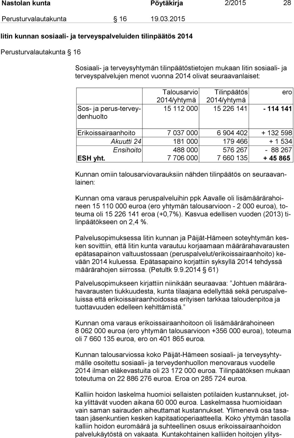 vuonna 2014 olivat seuraavanlaiset: Sos- ja pe rus-ter veyden huol to Talousarvio Tilinpäätös ero 2014/yh ty mä 2014/yh ty mä 15 112 000 15 226 141-114 141 Erikoissairaanhoito 7 037 000 6 904 402 +