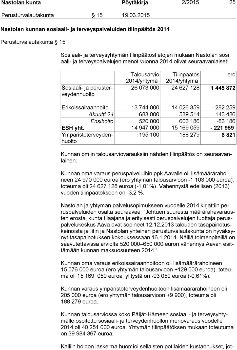 vuonna 2014 olivat seuraavanlaiset: Sosiaali- ja pe rustervey den huol to Talousarvio Tilinpäätös ero 2014/yh ty mä 2014/yh ty mä 26 073 000 24 627 128 1 445 872 Erikoissairaanhoito 13 744 000 14 026