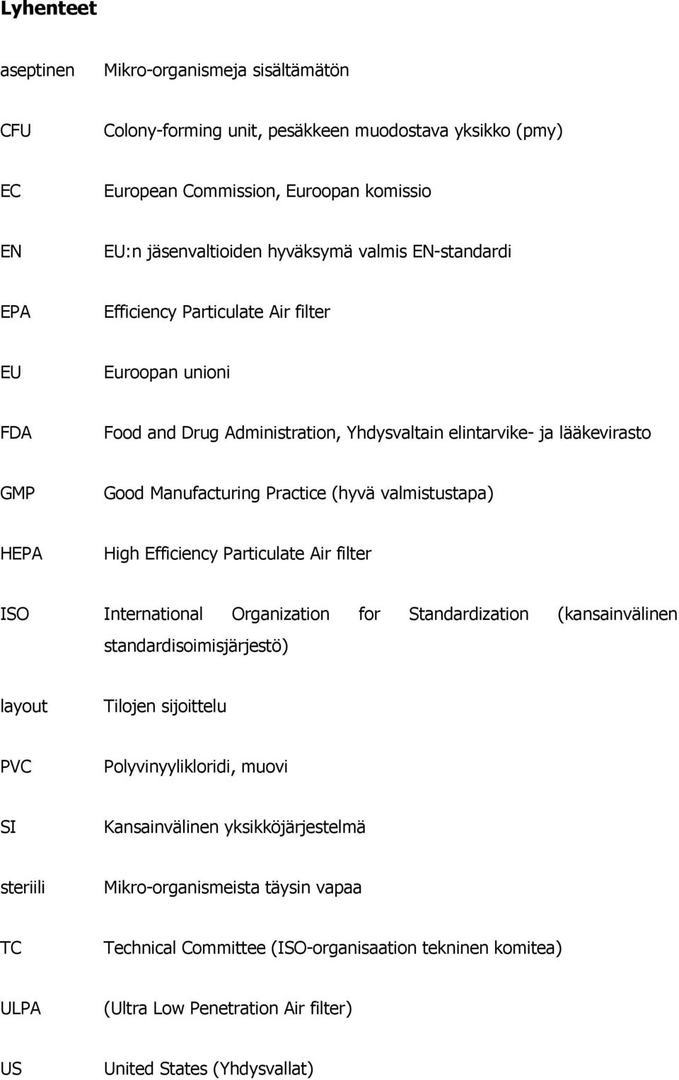 HEPA High Efficiency Particulate Air filter ISO International Organization for Standardization (kansainvälinen standardisoimisjärjestö) layout Tilojen sijoittelu PVC Polyvinyylikloridi, muovi SI