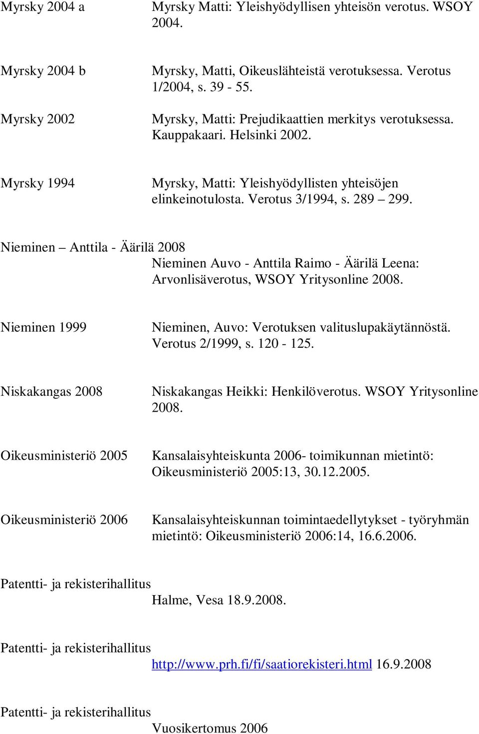 Nieminen Anttila - Äärilä 2008 Nieminen Auvo - Anttila Raimo - Äärilä Leena: Arvonlisäverotus, WSOY Yritysonline 2008. Nieminen 1999 Nieminen, Auvo: Verotuksen valituslupakäytännöstä.