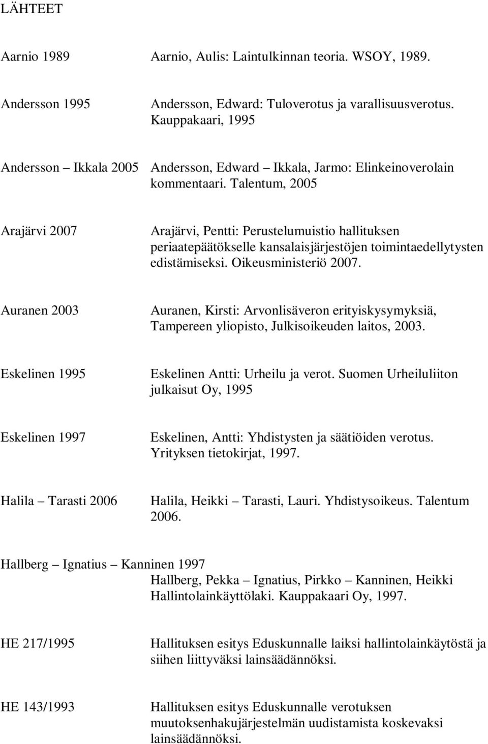Talentum, 2005 Arajärvi 2007 Arajärvi, Pentti: Perustelumuistio hallituksen periaatepäätökselle kansalaisjärjestöjen toimintaedellytysten edistämiseksi. Oikeusministeriö 2007.